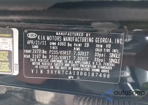 2011 Kia Sorento Lx из США, поврежденный, VIN 5XYKTCA13BG187496